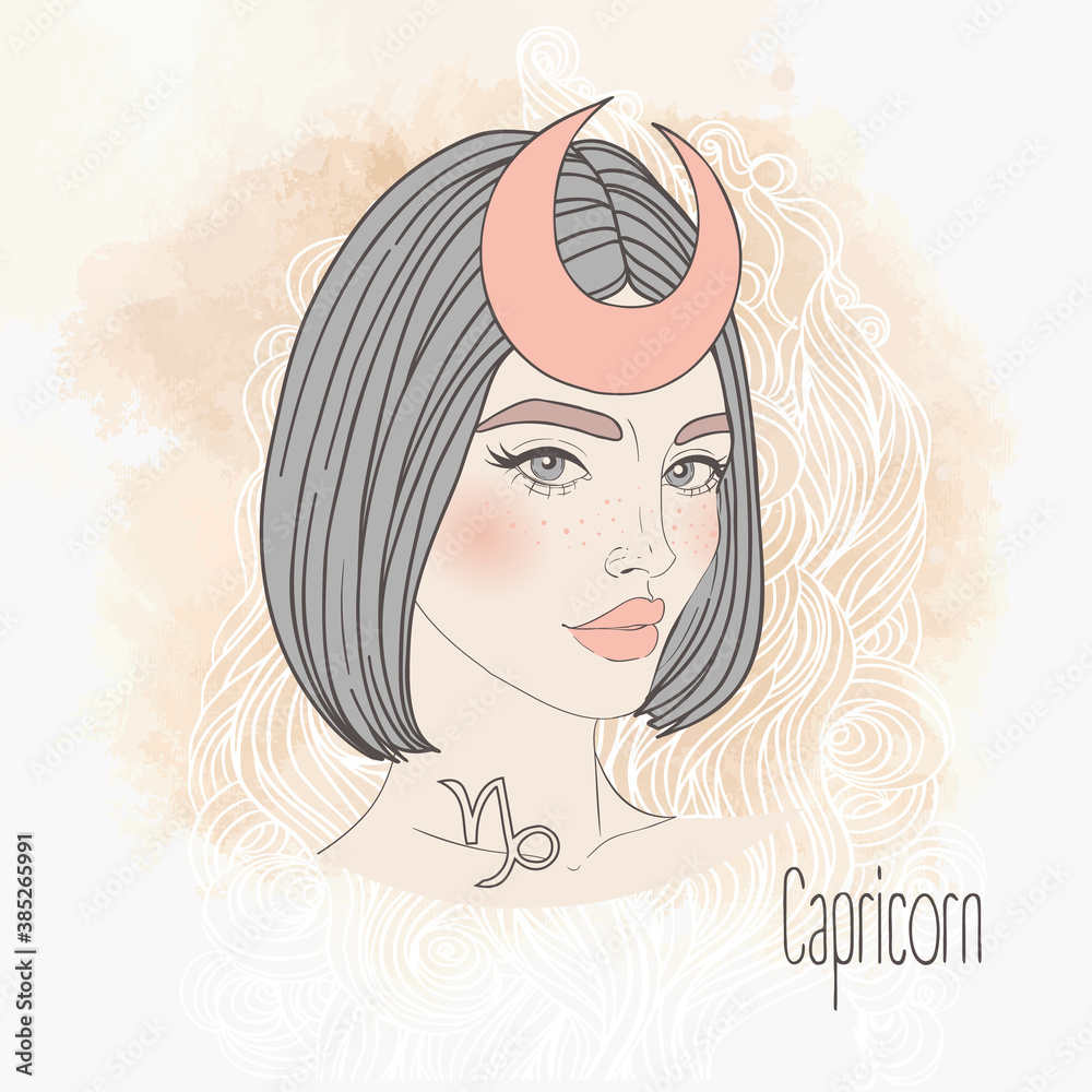 Zodiac Illustration of Capricorn zodiac sign as beautiful girl isolated ...