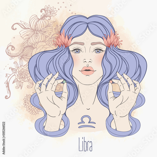 Zodiac Illustration of Libra zodiac sign as a beautiful girl. Vector art. Vintage boho zodiac style fashion illustration in pastel shades. Design for zodiac coloring book page for adults.