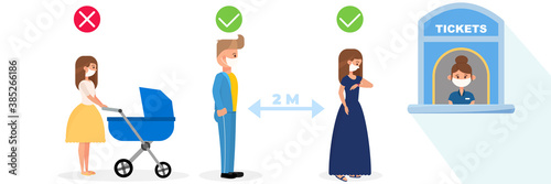 Distance vector in queue of people. Characters waiting, stay safe coronavirus disease. Epidemic protective equipment, group characters with face masks. Cartoon humar keep the 1 meter distance.