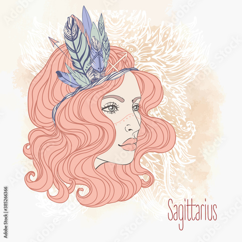 Zodiac Sagittarius zodiac sign as a beautiful girl. Vector zodiac illustration. Vintage boho style fashion illustration in pastel shades. Colorig book.