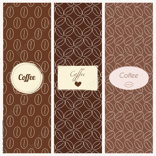 Vector set of stylish design elements and seamless pattern for coffee packaging templates in trendy linear style. Can be used for label, banner, poster, identity, branding.