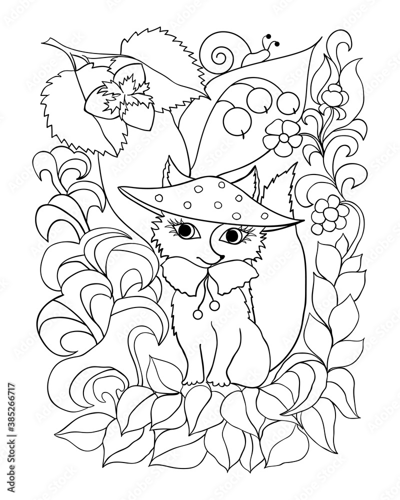 A cute fox in a hat sits surrounded by forest elements, flowers, mushrooms, berries. Coloring book page, antistress for adults and children. Vector illustration black and white contour.