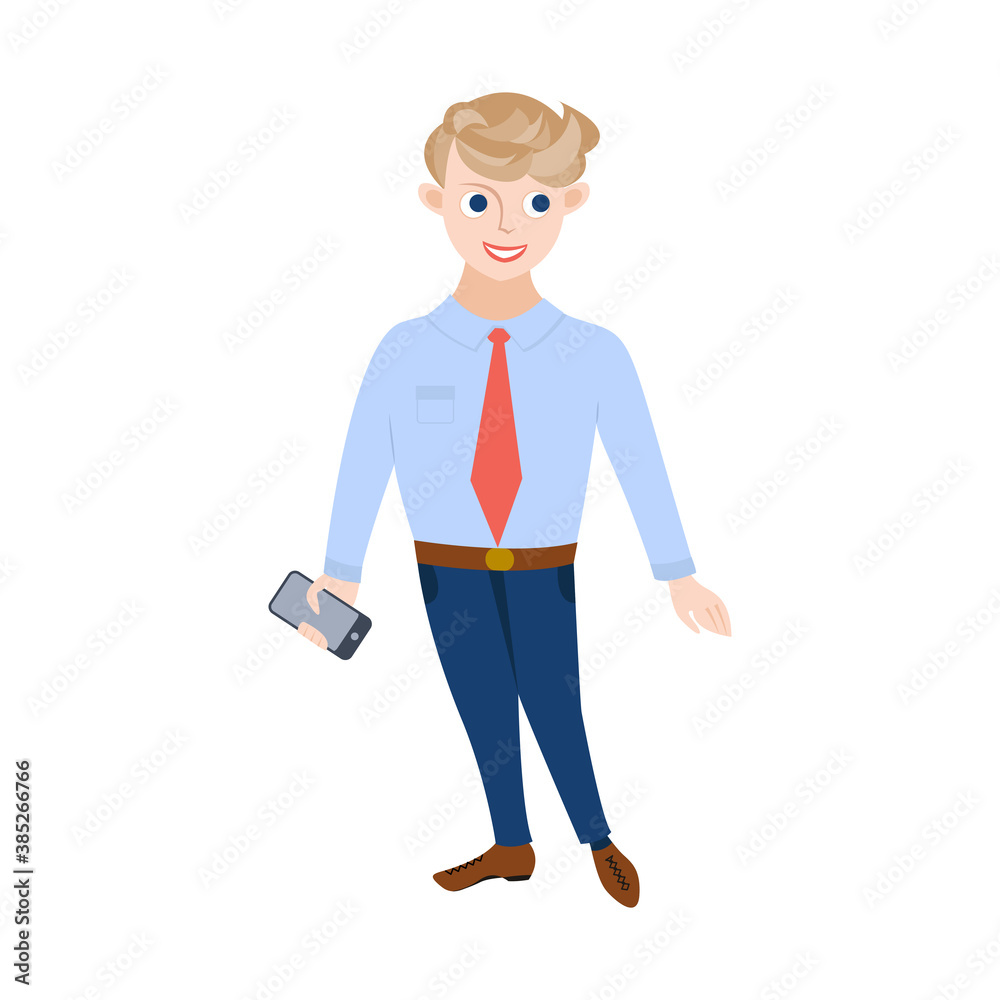 A young male businessman, manager or office worker, stands and holds a phone in his hand. Illustration in cartoon flat style.