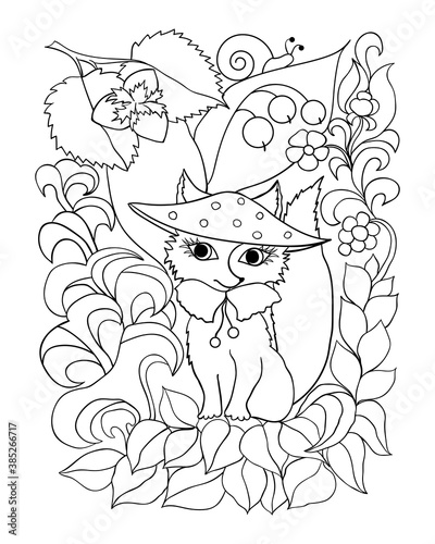 A cute fox in a hat sits surrounded by forest elements  flowers  mushrooms  berries. Coloring book page  antistress for adults and children. Vector illustration black and white contour.