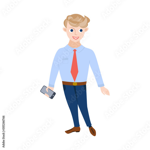 A young male businessman, manager or office worker, stands and holds a phone in his hand. Illustration in cartoon flat style.