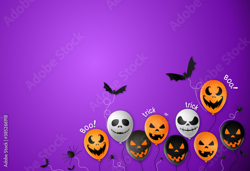 Halloween party  banner background ,scary balloons, bat,spider, spider web isolated  on purple  background, text boo, trick or treat  , sale banner template ,website, poster, vector illustration