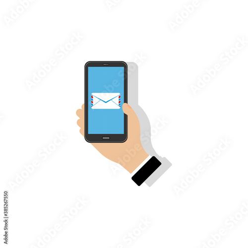 Hand with smartphone colored icon with shadow. Closed email. Vector EPS10