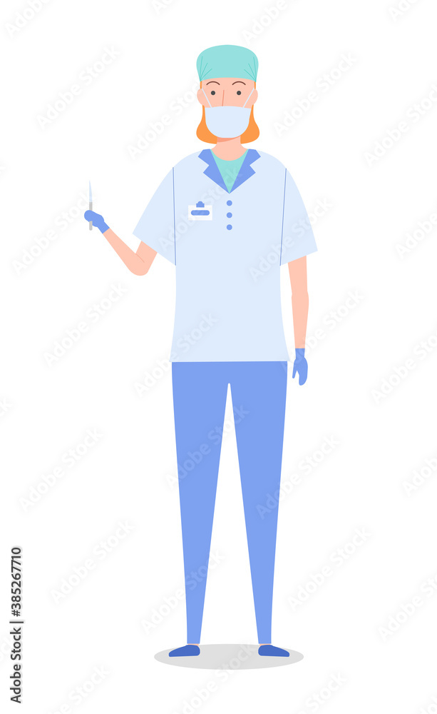 Woman surgeon with short hair is standing in medical white uniform. Mask, hat, gloves, scalpel in hand. Surgical nurse, badge. Medical worker, doctor, first aid. Flat vector image isolated on white Woman surgeon with short hair is standing in medical white uniform. Mask, hat, gloves, scalpel in hand. Surgical nurse, badge. Medical worker, doctor, first aid. Flat vector image isolated on white