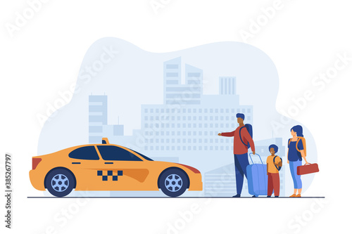 Young family with baggage taking taxi to airport. Cab, trip, taxi service. Flat vector illustration. Travelling concept can be used for presentations, banner, website design, landing web page