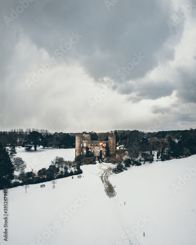 Malahide Castle during a snow storm in Ireland.