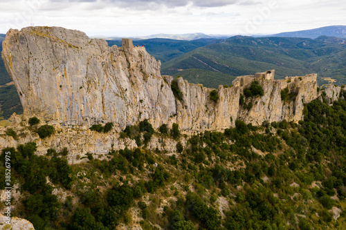 Aerial view of historic Castle ruin Peyrepertuse in the Aude in France