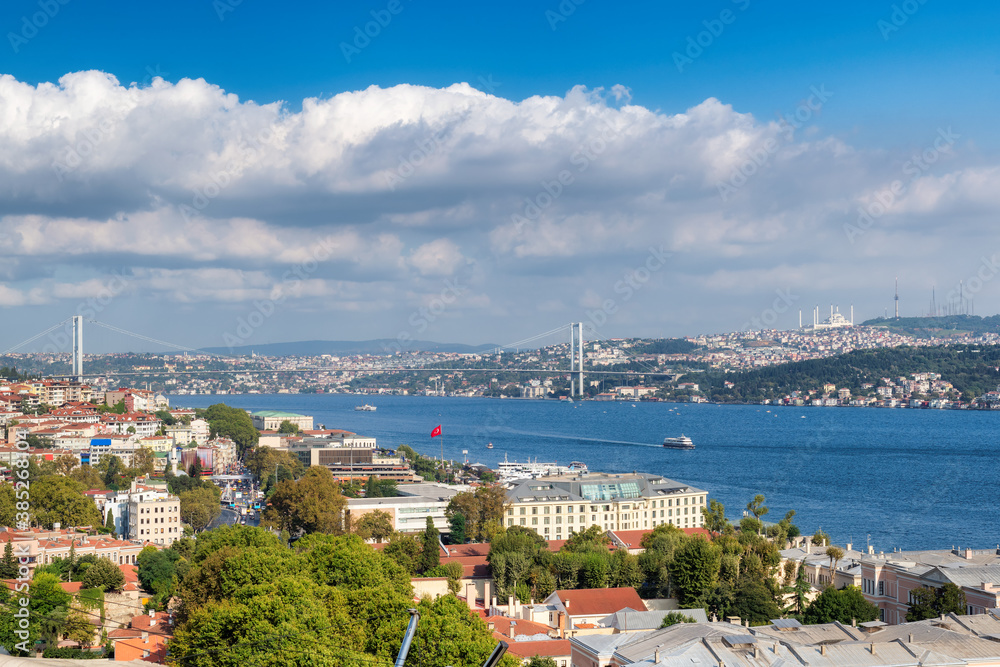 Istanbul skyline with Bosphorus bridge at sunny autumn day, Turkey