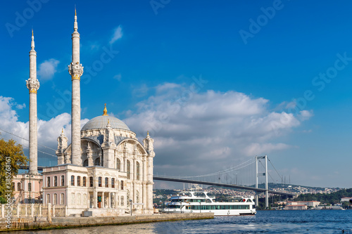 Ortakoy mosque and Bosphorus bridge in Istanbul, Turkey