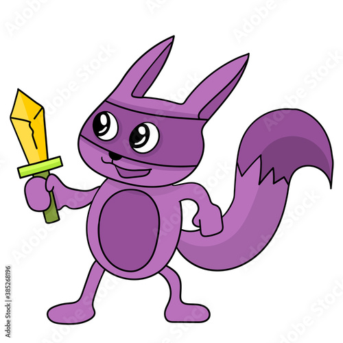 a purple weasel carrying a sword
