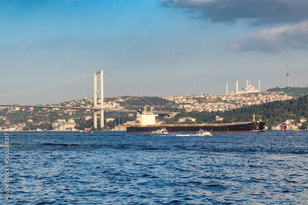 Bosphorus in Istanbul with Bosphorus bridge at sunny day, Turkey