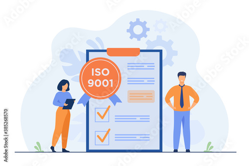 Tiny business people passed standard quality control isolated flat vector illustration. Cartoon document standardization industry. ISO system and international certification concept