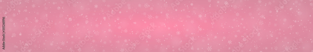 Christmas banner of snowflakes of different shapes, sizes and transparency on pink background