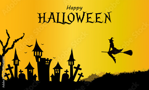 Happy halloween background gradient witch on broomstick night castle. Vector EPS10