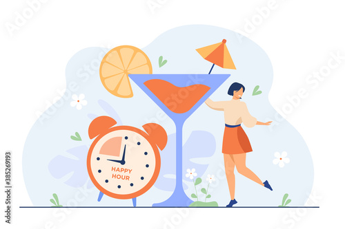 Smiling tiny woman drinking alcohol in happy hours flat vector illustration. Cartoon promotion for refreshment beverages in restaurant, pub and bar. Special discount and entertainment concept