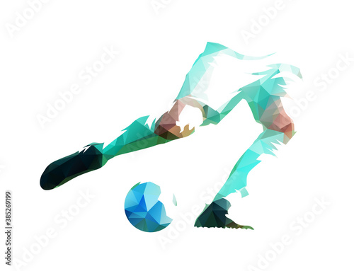 Soccer player kicking ball, legs and ball, low polygonal isolated vector illustration. Geometric football logo