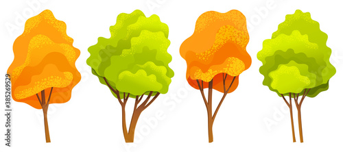 Autumn tree collection, different sizes and forms trees with green, orange, yellow leaves, autumn tree symbols, natural concept, landscape interface, forest or wood, organic plant in flat style