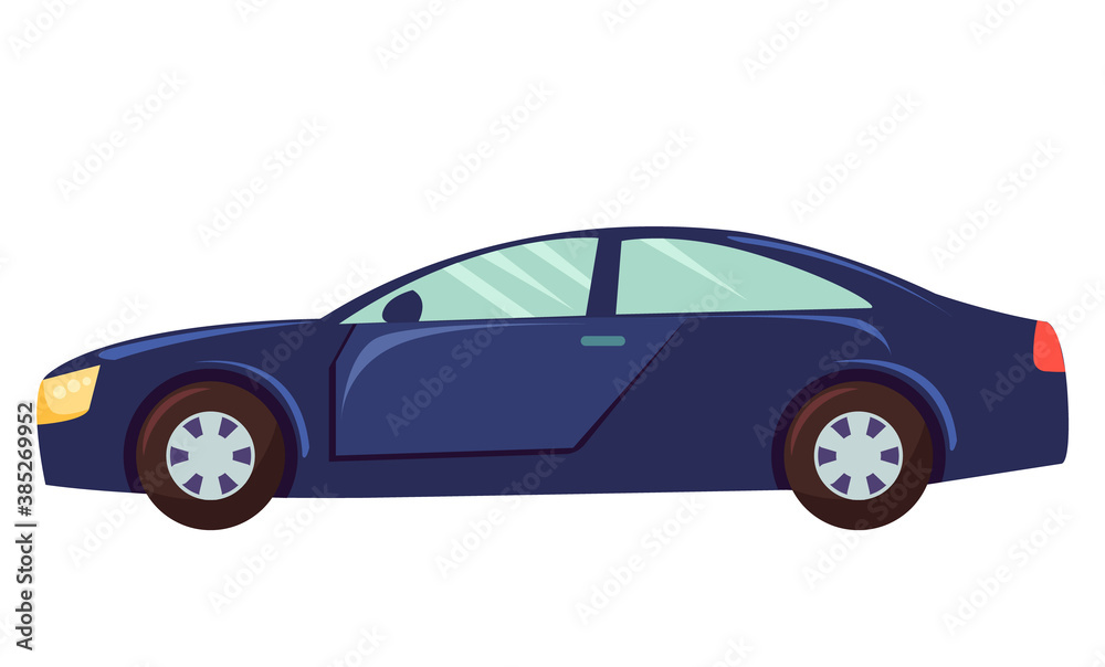 Blue car isolated on white background. Sedan with dark toned glasses. Auto to drive and get your destination quickly. Wheeled motor vehicle used for transportation. Vector illustration in flat style