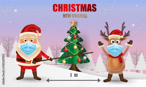 Merry Christmas and happy new year. Christmas new normal concept with Santa Claus and Reindeer. Corona virus protection. -Vector
