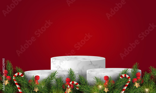 Merry Christmas and happy new year. Vector illustration of white marble podium and Christmas background. Showcase for new product, promotion sale, discount, cosmetic, ranking