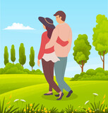 Young couple walks in countryside, green meadow, lush tree crowns, bushes, forest plants, orange small flowers, stems. Summer time. Walks in open air. Flat vector image for website, application