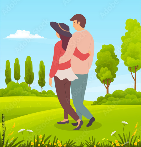 Young couple walks in countryside, green meadow, lush tree crowns, bushes, forest plants, orange small flowers, stems. Summer time. Walks in open air. Flat vector image for website, application