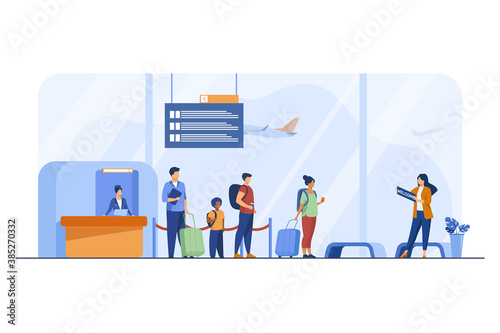 Passengers with luggage in airport flat illustration. Landing, travel, arrival. Travelling concept can be used for presentations, banner, website design, landing web page