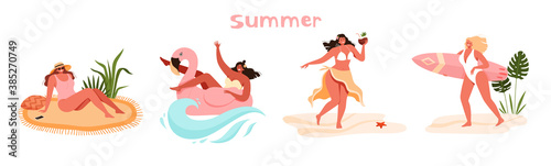 Set of illustrations with young girls on vacation who drink cocktails, swim on inflatable flamingos, surf, and sunbathe