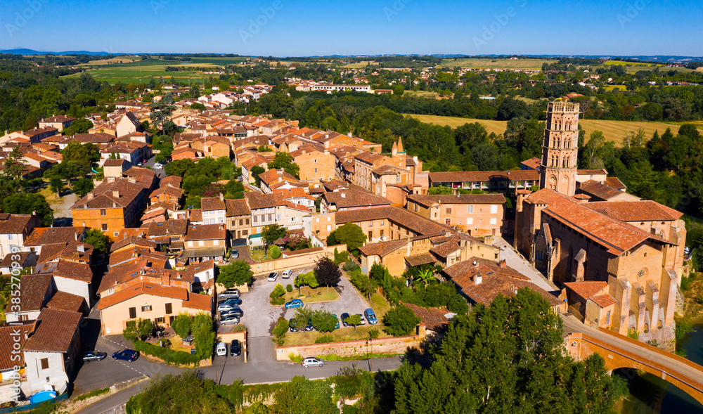Aerial view of Rieux-Volvestre commune in Haute-Garonne department, southwestern France