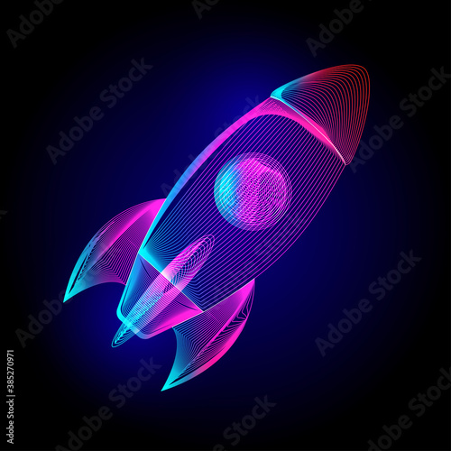 Neon flying rocket. Business start up launch sign. Vector illustration in ultraviolet wireframe line-art style on a dark background