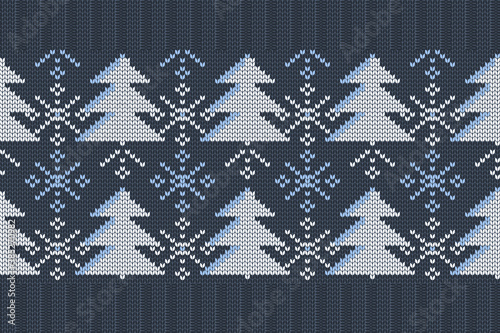 Christmas and Winter holiday knitting pattern for plaid, sweater design. Vector seamless pattern in blue, white colors with Christmas trees and snowflakes. Plain and ribbed knitting, elastic band.
