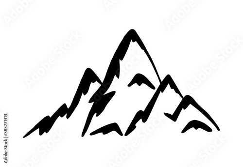 Rocky mountains vector illustration. Hand drawn alpine mountain silhouette in doodle style. Use for label and logo.