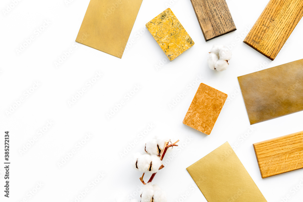 Choosing cabinet panel and countertop material with color scheme. Above view Choosing cabinet panel and countertop material with color scheme. Above view