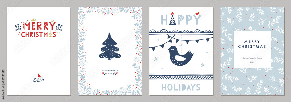 Bold Merry Christmas greeting cards. Universal trendy Winter Holidays art templates. Vector backgrounds. - obrazy, fototapety, plakaty 