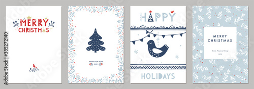 Bold Merry Christmas greeting cards. Universal trendy Winter Holidays art templates. Vector backgrounds.