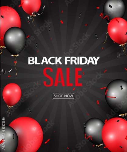 Black friday sale design with balloons and confetti