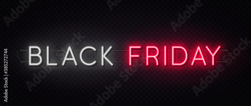 Black Friday sale. Black Friday neon sign on transparent background. Glowing white and red neon text for advertising and promotion. Banner and background, brochure and flyer design concept