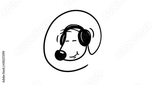 Сute cartoon dog face listening to music on headphones. Hand drawn frame by frame 2d animation.