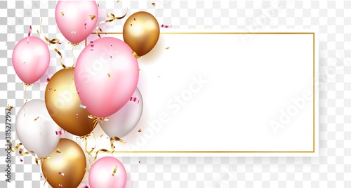 Celebration banner with gold confetti and balloons	