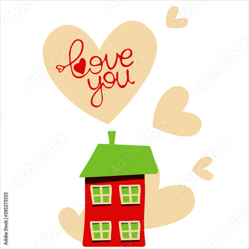 vector home and red heart green valentiners day lettering love you