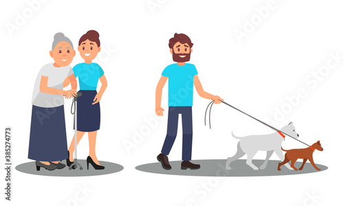 People Characters Walking the Dogs and Helping Senior Vector Illustration Set