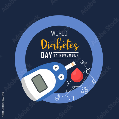 world diabetes day with Glucose testing blood and Blood type connect link around drop blood on blue ring circle sign