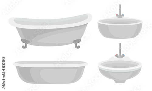 White Bathtub and Sink Basin with Tap as Home Amenity Vector Set