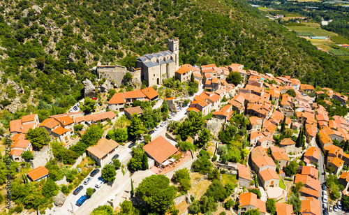 Panoramic view from above on the city Eus. Small town located on high mountain. Eastern Pyrenees. France