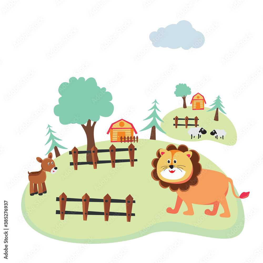 Naklejka premium Lion in the field with green grass, trees, and cloud. isolated on white background.