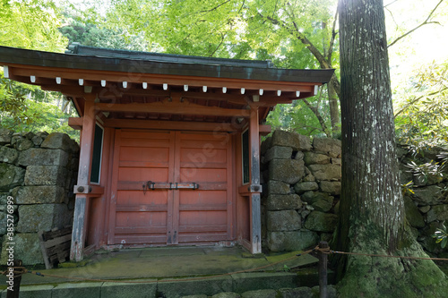A vermilion gate in a traditional Japanese garden © 隼人 岩崎